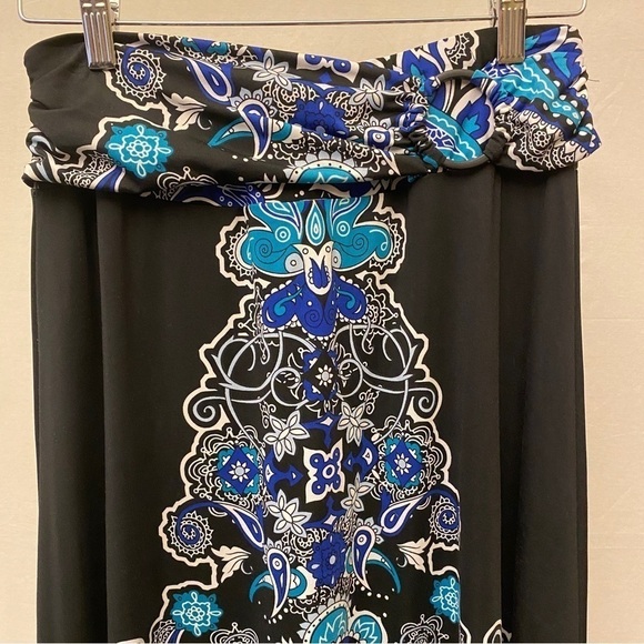 Robert Louis Petite Small Long Flowy Maxi Skirt Black W/ Blue Abstract Stretchy - Picture 3 of 7